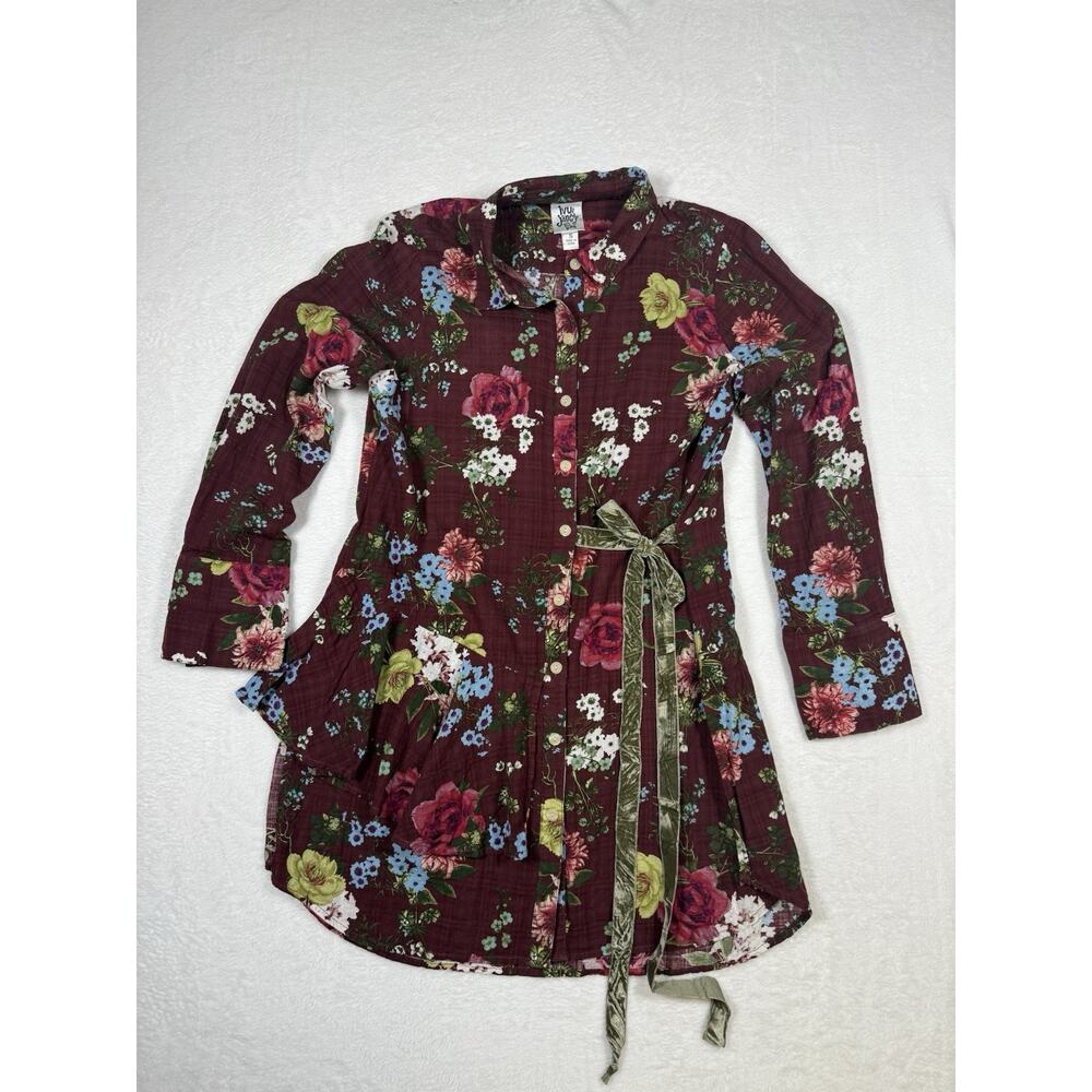 Ivy Jane Women’s Tunic Shirt Dress Sz S Burgundy Floral Ruffled Velvet Tie - Picture 3 of 12